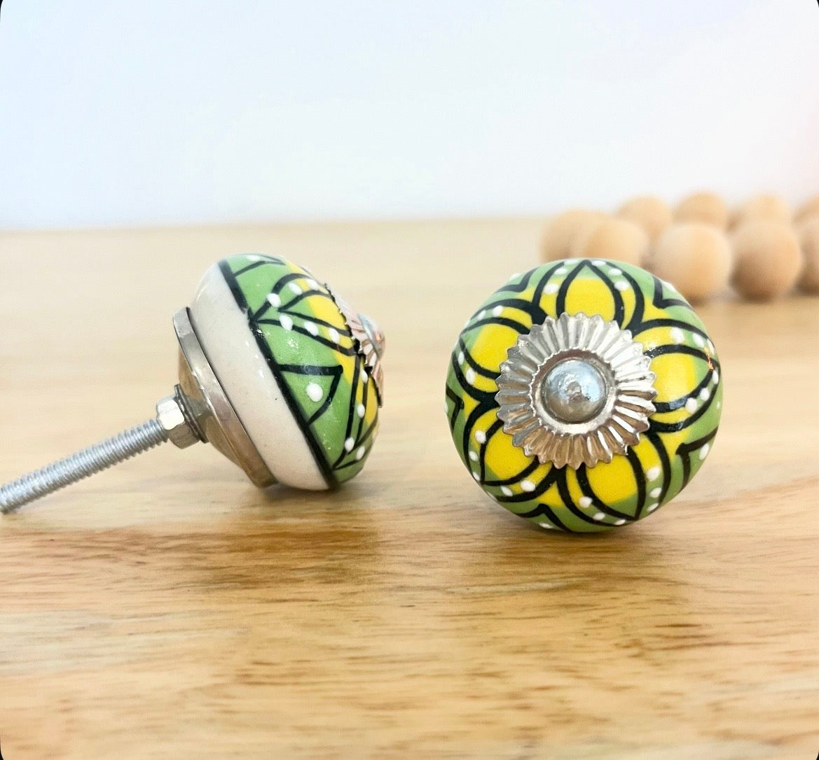 Green and Yellow Floral Ceramic Knob