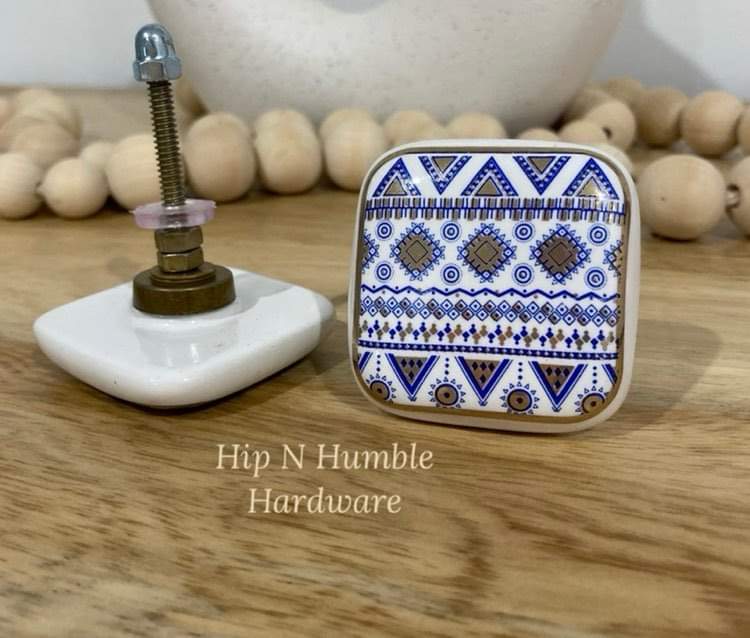 Blue and Gold Aztec Square Flat Ceramic Knob - Hip N Humble
