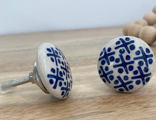 Blue & White Crosses Flat Ceramic Knob