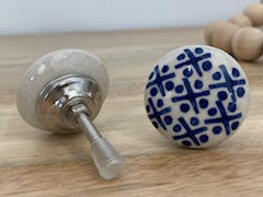 Blue & White Crosses Flat Ceramic Knob