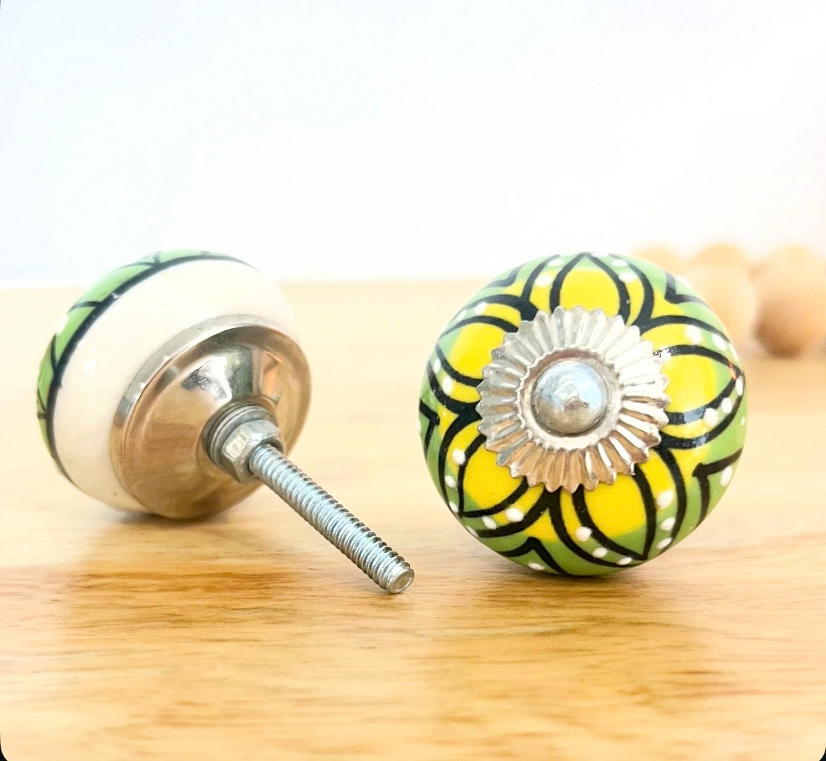 Green and Yellow Floral Ceramic Knob