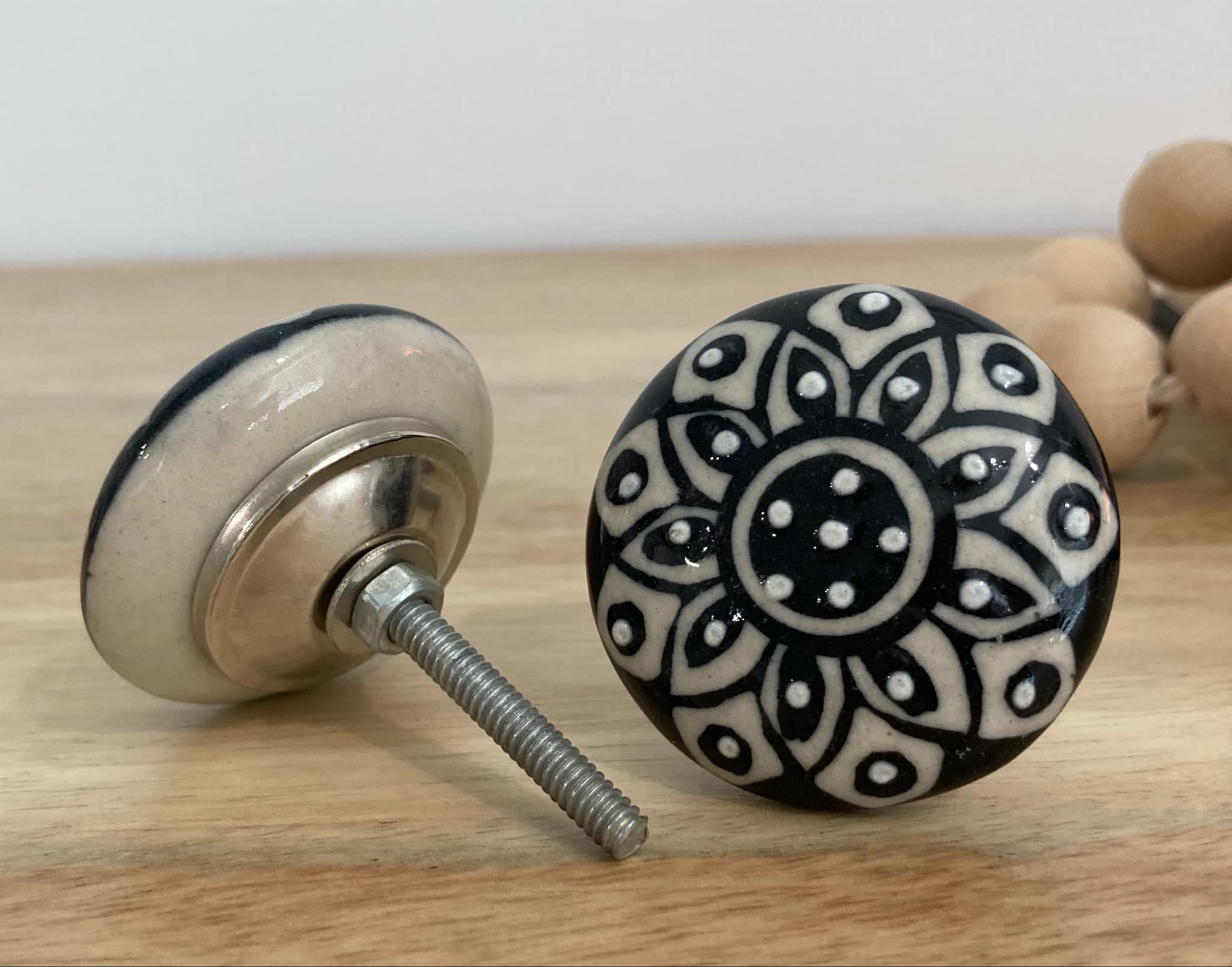 Flat Black and White Floral Knob