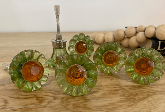 Green and Orange Floral Glass Knob