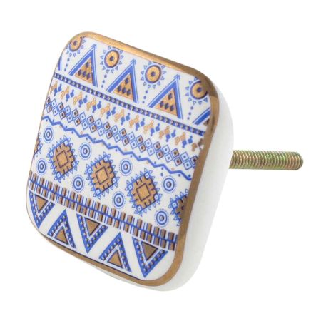 Blue and Gold Aztec Square Flat Ceramic Knob - Hip N Humble