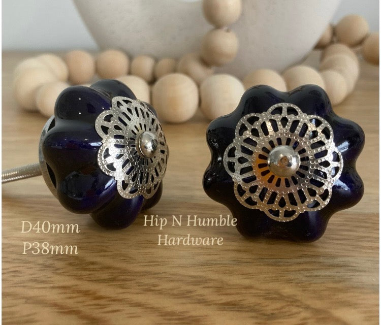 Midnight Blue Filigree Ceramic Melon Knob - Hip N Humble