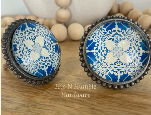 Elsa Blue & White  Glass & Metal Knob - Hip N Humble