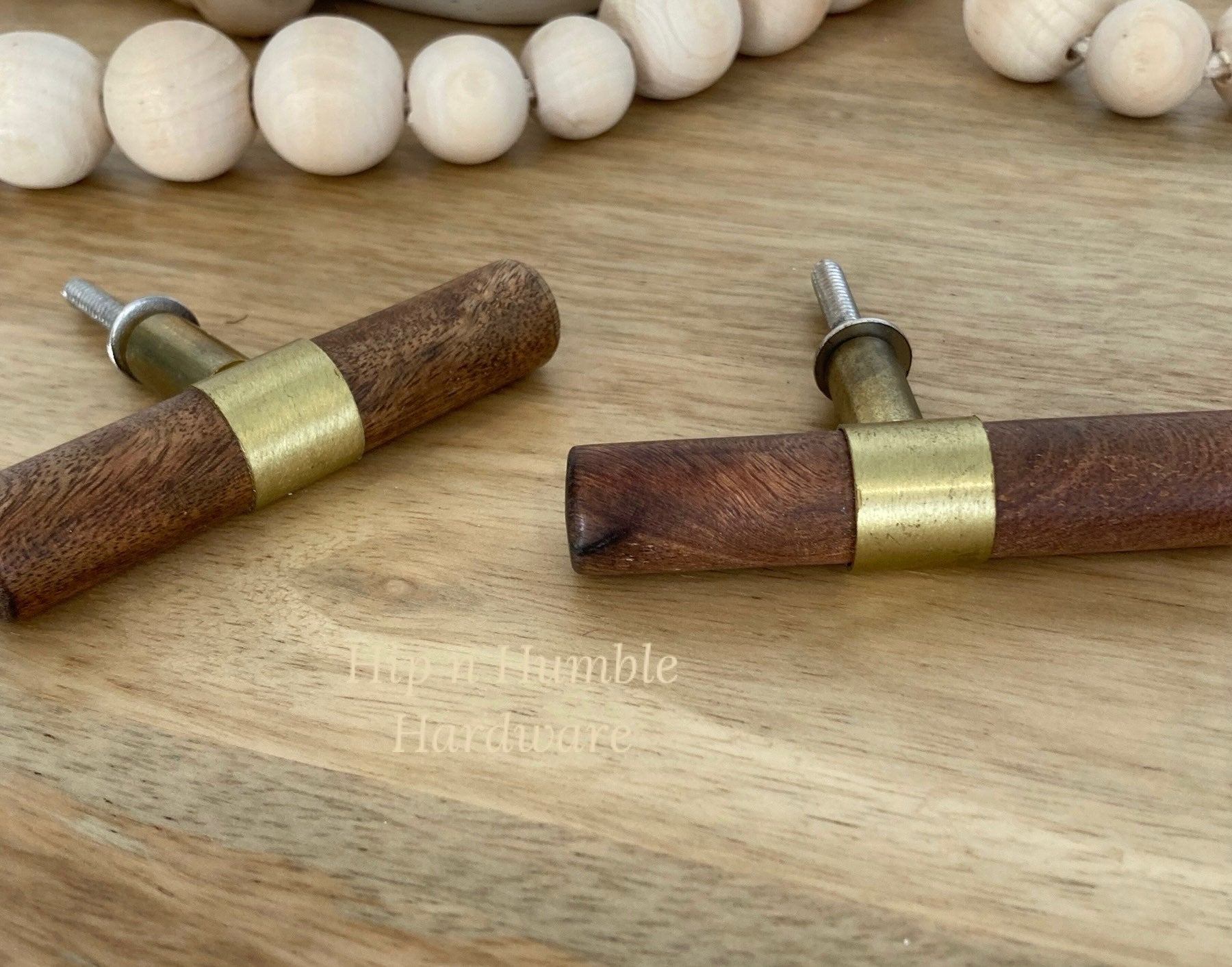 75mm T Bar Mango Wood & Metal Gold Handle/Knob - Hip N Humble