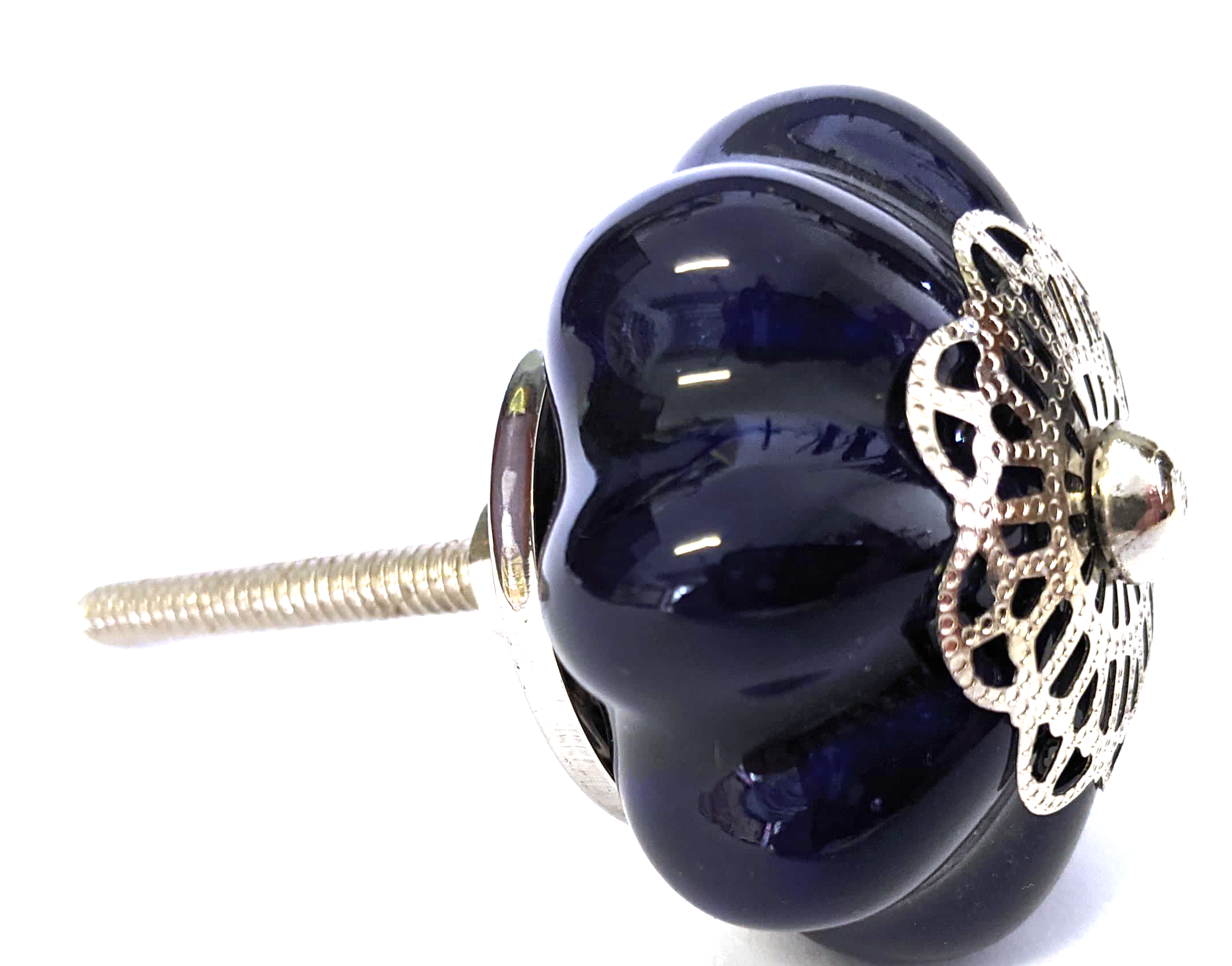 Midnight Blue Filigree Ceramic Melon Knob - Hip N Humble