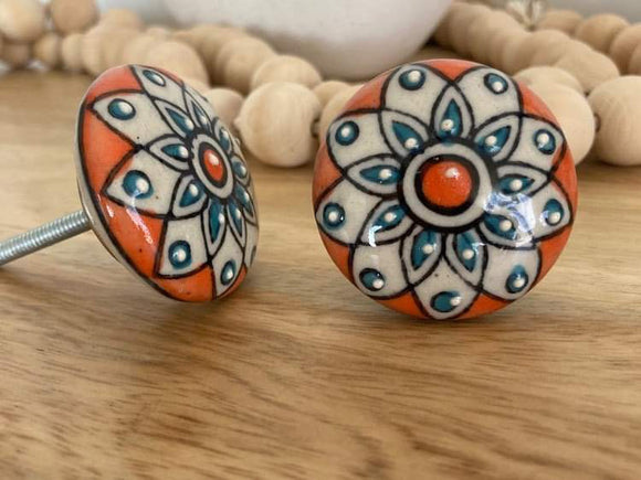 Moroccan Orange and Aqua Flat Ceramic Knob - Hip N Humble
