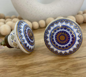 Blue and Gold Wheel Pattern Flat Ceramic Knob - Hip N Humble