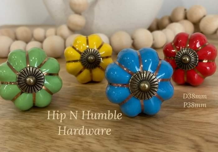 Four Small Coloured Ceramic Melon Knobs - Hip N Humble