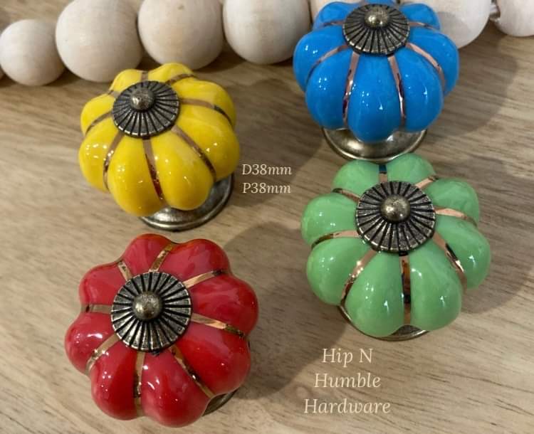 Four Small Coloured Ceramic Melon Knobs - Hip N Humble