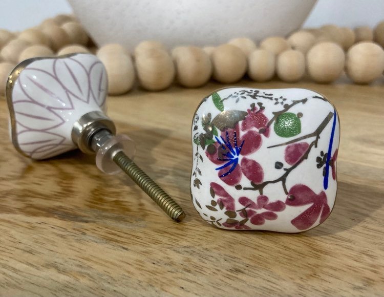 Pink Floral & Gold Trim Square Ceramic Knob