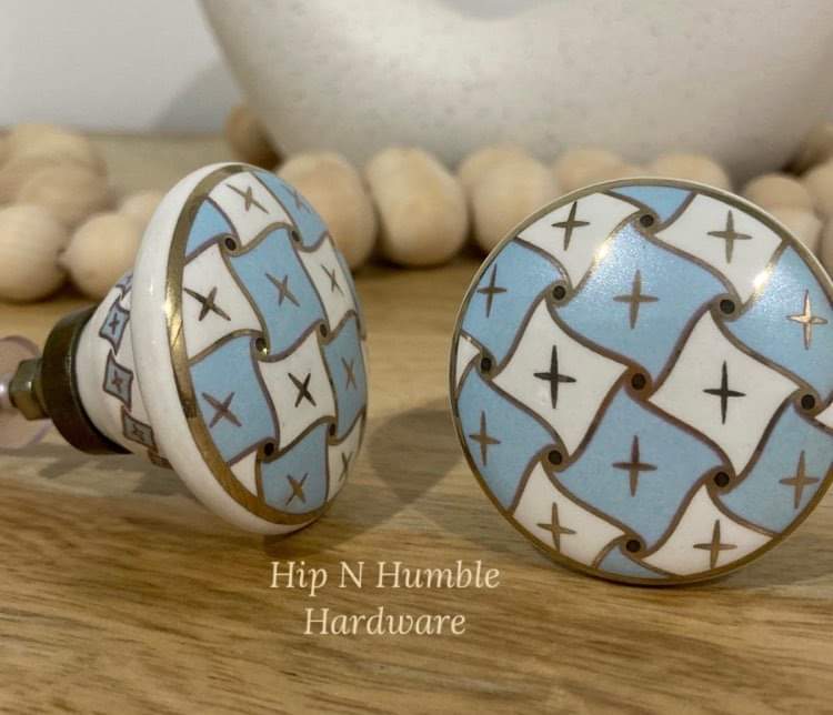 Sky Blue and Gold Flat Ceramic Knob - Hip N Humble