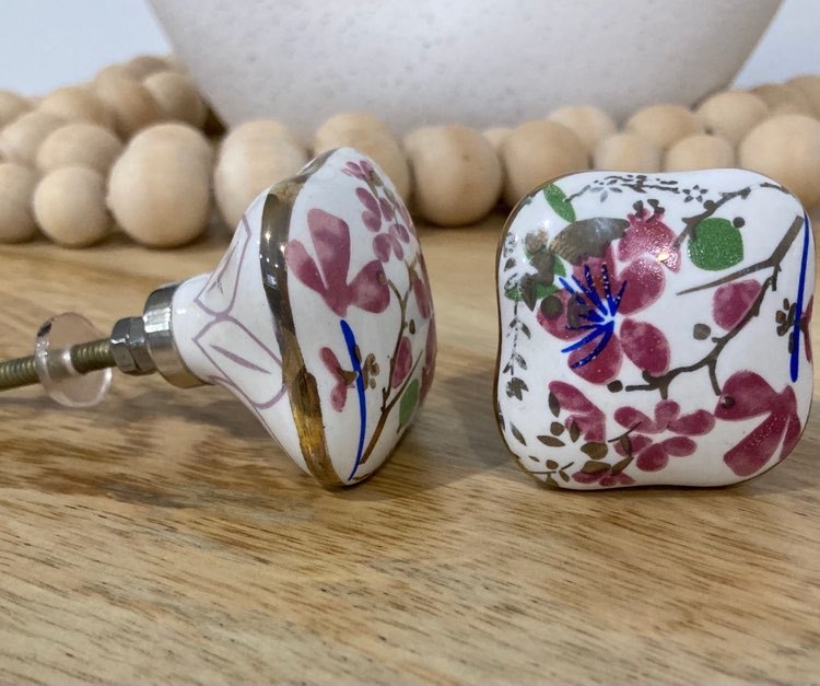 Pink Floral & Gold Trim Square Ceramic Knob