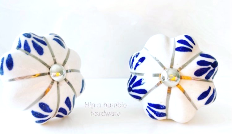 Blue and White Leaves Ceramic Knob - Hip N Humble